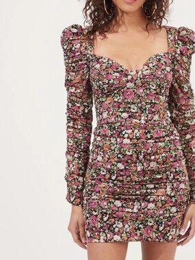 Astr Pink Multi Floral Puff-Sleeve Sweetheart Mini Dress